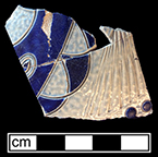 Gray-bodied salt glaze stoneware unidentified hollow vessel with engraved (incised) motifs and cobalt-blue painted decoration under the glaze, from 18CV60. 